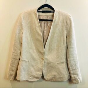 ZARA Basic Sz 14 Linen Pinstripe  Lined Pockets Collarless Slit Blazer Jacket